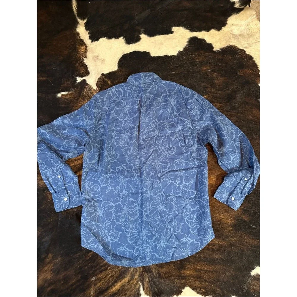 J. Crew Linen Button Up Long Sleeve Shirt, Blue Tropical Floral Men's M Slim Fit